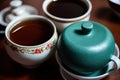 Chinese tea ceremony. Ceramic teapot made of clay and bowls. Generative ai Royalty Free Stock Photo