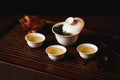 Porcelain gaiwan, three cups of Chinese tea and golden frog on tea desk. Royalty Free Stock Photo