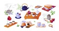 Chinese tea ceremony set. Asian traditional cups, bowls, pots and wooden trays, tables. Teapots, teacups, aroma sticks