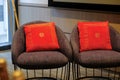 Chinese Tea Ceremony setup in a hotel function room, featuring two plush chairs with red cushions embroidered with the Chinese Royalty Free Stock Photo