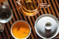 Chinese tea ceremony, tea set top view, Gaiwan, piala, bowl and wooden tea table Royalty Free Stock Photo