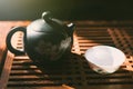 Chinese tea ceremony. Teapot and a cup of green puer tea on wooden table. Asian traditional culture. Royalty Free Stock Photo