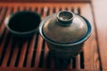 Chinese tea cup or Gaiwan on wooden tea table, selective focus Royalty Free Stock Photo