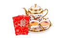 Chinese tea set with envelope bearing the word double happiness Royalty Free Stock Photo