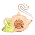 Chinese teapot with green tea leaves and matcha powder