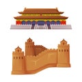 Chinese Temple and Great Wall Architecture as China Object and Traditional Cultural Symbol Vector Set