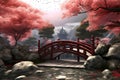 Chinese temple with red cherry blossoms and a wooden bridge in the pond, AI Generated Royalty Free Stock Photo