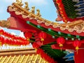 Chinese Temple roof details and Red Lanterns against a blue sky