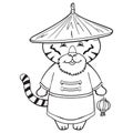 Chinese Tiger. Animal Wild predator in Vietnamese conical Hat. Vector illustration Coloring Cartoon style