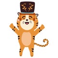 Chinese Tiger with a cap the drummer jumping. Vector illustration Cartoon style Royalty Free Stock Photo