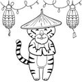 Chinese Tiger in a vietnamese conical hat. Garlands and Bells Feng Shui. Coloring book for kids. Black and white Illustration