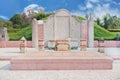 Chinese tomb stone in graveyard with blue sky