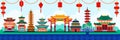 Chinese town design elements. Travel to China flat illustration. Traditional pagoda and lanterns background