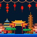 Chinese town seamless horizontal background. Travel to China vector flat illustration. Night cityscape