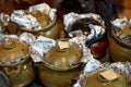 Chinese traditional ancient method of making soup, close-up of simmering soup in a clay pot Royalty Free Stock Photo