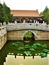 Chinese traditional bridge, architecture and environment. Art, history, lake and lotus