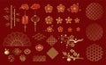 Chinese traditional decorative ornaments and elements. Set of Chinese festive gold ornaments on red background. Royalty Free Stock Photo