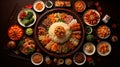 Chinese traditional dishes served on dinner table prepared for celebrating the chinese new year. Flat lay, top view. AI Royalty Free Stock Photo