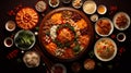 Chinese traditional dishes served on dinner table prepared for celebrating the chinese new year. Flat lay, top view. AI Royalty Free Stock Photo