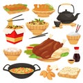 Chinese traditional holiday food dishes. Vector flat cartoon illustration. Set of isolated china cuisine meal Royalty Free Stock Photo