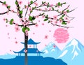 Chinese traditional or Japanese landscape, with pagoda and mountains, flowering tree, sunset, silhouettes. Isolated Royalty Free Stock Photo