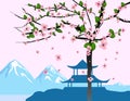 Chinese traditional or Japanese landscape, with pagoda and mountains, flowering tree, sunset, silhouettes. Isolated