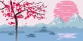 Chinese traditional or Japanese landscape, with pagoda and mountains, flowering tree hearts, sunset sea fisherman boats