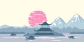 Chinese traditional or Japanese landscape, with pagoda and mountains, sunset sea fisherman boats, silhouettes. Isolated