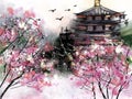 Chinese traditional painting with pagoda surronded by blossoming cherry trees.