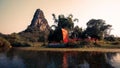 Chinese traditional pastoral scenery, a small boat parked in the plum and bamboo forest Royalty Free Stock Photo