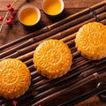 Chinese traditional pastry Moon cake Mooncake with tea cups on bamboo servingwarning tray on wooden background for Mid-Autumn Royalty Free Stock Photo