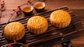 Chinese traditional pastry Moon cake Mooncake with tea cups on bamboo servingwarning tray on wooden background for Mid-Autumn Royalty Free Stock Photo