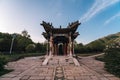 Chinese traditional pavilion before Wuye Temple in Wutai Mountain at dusk, Shanxi Province, China