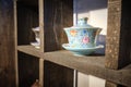 Chinese traditional teaware on the shelves in the tea house Royalty Free Stock Photo