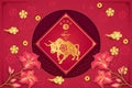 Chinese traditional template of chinese happy new year with gold ox pattern isolated on pink Background as year of ox, lucky and Royalty Free Stock Photo