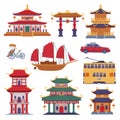 Chinese Transport and Building with Rickshaw and Pagoda Vector Set