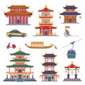 Chinese Transport and Building with Rickshaw and Pagoda Vector Set