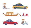 Chinese Transportation with Cart, Taxi, Boat, Moped and Rickshaw Vector Illustration Set