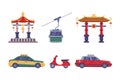 Chinese Transportation and Construction with Torii Gate, Taxi, Moped and Funicular Vector Illustration Set