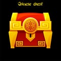 Chinese Treasure Chest For Game UI. Illustration of a cartoon closed treasure chest, with lock and bright effect