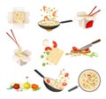 Chinese Udon Noodle Preparation Steps with Ingredients Chopping and Stir-frying in Wok Pan Vector Set