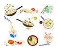 Chinese Udon Noodle Preparation Steps with Ingredients Chopping and Stir-frying in Wok Pan Vector Set