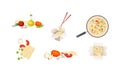 Chinese Udon Noodle Preparation Steps with Ingredients and Stir-frying in Wok Pan Vector Set