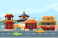 Chinese urban landscape with traditional buildings. Chinatown in cartoon style. Vector illustrations