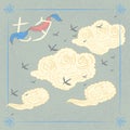 Chinese Valentines Day. Double Seven Festival. 17 August. Chinese holiday. Tale, legend. Chinese style hand drawn. Clouds, magpies