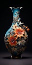 Colorful Woodcarving-inspired Blue Vase With Hyper-realistic Flower Sculptures