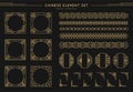 Chinese vector set of border, frames, patterns, knots isolated on black background. Asian gold elements for new year