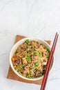 Chinese Vegetable and Mushroom Fried Rice with Sesame Seeds and Scallion Top Down Asian Food Photo