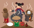 A Chinese village woman stir-fry rice with a big wok in preparing meal Royalty Free Stock Photo