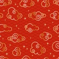 Chinese vintage cloud seamless pattern. Red background with golden sky and stars. Traditional oriental ornament. Vector Royalty Free Stock Photo